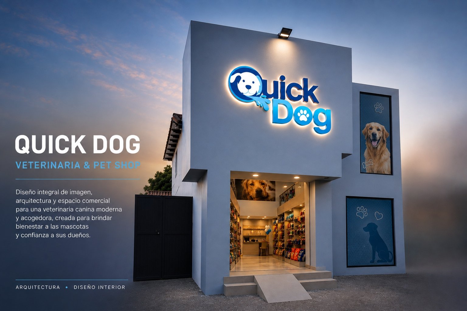 Fachada del proyecto Quick Dog, veterinaria y pet shop